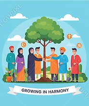 Diverse people planting a tree together. Vibrant vector for unity, environmental sustainability, and harmony design projects.