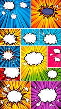 Comic book style background layouts with speech bubbles and burst effects