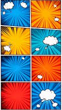 Comic book style background with radial burst and cloud elements in vibrant colors.