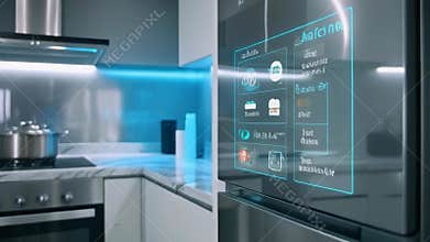 Modern kitchen reveals a smart refrigerator with an interactive holographic display, managing inventory and offering future home