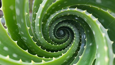 Aloe vera plant\'s vibrant green leaves unfurl in a mesmerizing natural spiral, revealing sharp protective thorns