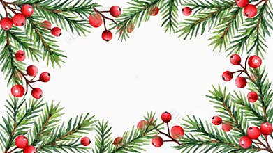 Watercolor frame of evergreen branches and red berries creating a festive border for holiday greetings and seasonal announcements