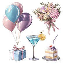 Hand drawn watercolor celebration set with pink and blue balloons wrapped gift box luxury floral bouquet elegant blue cocktail and