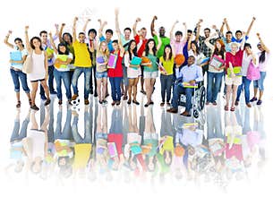 Diverse Group of High School Students with Arms Raised
