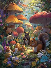 Animals Gather Under Mushrooms in a Colorful Forest at Night