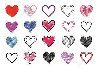 A collection of twenty unique hand drawn heart icons featuring various styles and vibrant colors