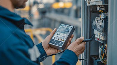 Handheld tester meter calibration technician measuring electrical panel with probe and wiring, focused industrial maintenance task