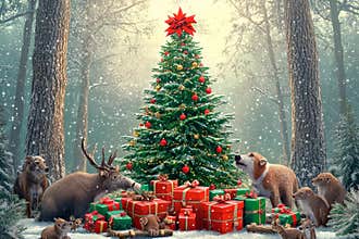 Magic of Christmas in a forest surrounded by joyful animals and gifts