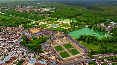 Aerial view of Castle Fontainebleau with symmetrical gardens, Castle Fontainebleau, Paris, France
