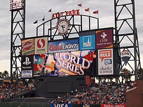 ATT Park HDTV Scoreboard in the outfield bleachers displays World Series logo