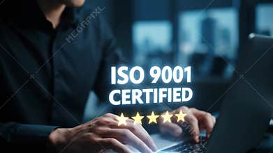 Man Working on Laptop with ISO 9001 Certified Hologram and Five Stars Rating