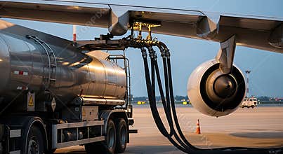 A specialized airport fuel tanker truck refuels a large commercial aircraft with multiple hoses.