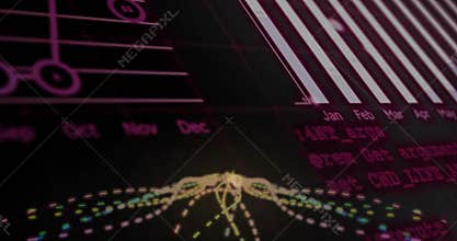 Displaying glowing node cluster forming dotted winged trails on dark data UI with line-bar charts