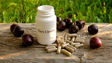 Cherry extract in supplements. Selective focus.
