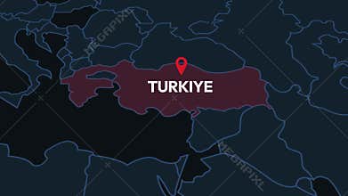Digital World Map Displaying Turkiye Highlighted With Location Pin Pointer Concept Highlighting Geopolitical Location