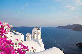 White belfries Santorini island, Greece