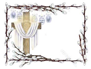 Easter frame of willow branches with a cross, painted eggs. Botanical watercolor template for spring renewal and the Easter