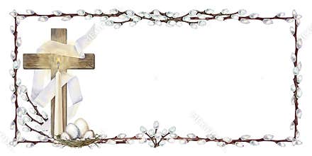 Easter frame of willow branches with a cross, painted eggs. Botanical watercolor template for spring renewal and the Easter