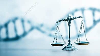 Balance scale symbolizing law and ethics, with a DNA helix background, depicting forensic genetics, legal research, and corporate