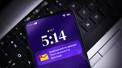 Smartphone on Laptop Keyboard Displaying Suspicious Activity Detected Account Blocked Notification for Cybersecurity Risk