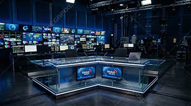 Modern global news studio with live broadcast screens. Generative AI.