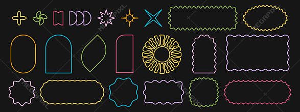 Set of neon colored rectangle and square, oval and circle, arch and twinkle icons with wavy borders. Cute curvy