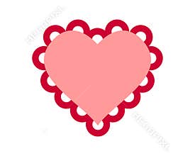 Paper or fabric pink heart with red ruffle borders. Template of Valentine Day card with frilly edges isolated on white
