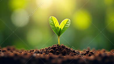 Heart-shaped seedlings emerging from the soil in a sunny garden. Nature