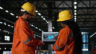 Diverse engineers, turbine asset component, data on laptop, machinery hall