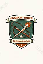 Archaeology division emblem with crossed baseball bat and torch on shield for field operations unit badge design