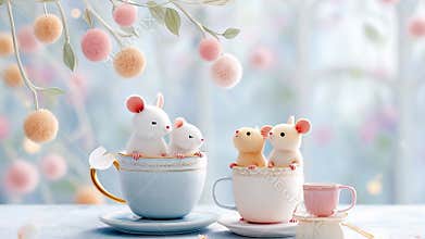 Adorable mice playing in teacups with floating pastel deco