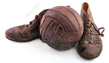 Old shoes for soccer and soccer ball