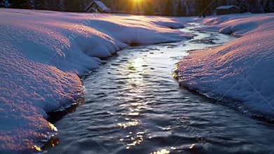 Golden Hour Stream Flowing Through Snowy Winter Landscape at Sunset