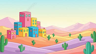 Colorful Cartoon Desert Townscape Animation with Cacti and Pastel Mountains