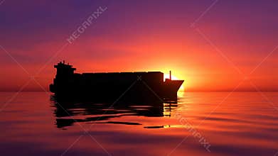 Cargo Ship Sailing on the Ocean at Sunset With Orange Sky
