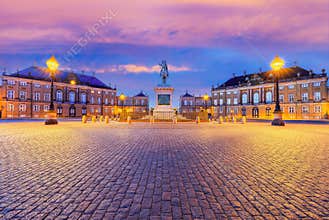 Copenhagen, Denmark. Amalienborg Square with the palaces and the statue.