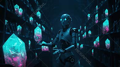 A futuristic automaton explores a captivating library filled with glowing crystals, highlighting advanced technology interwoven