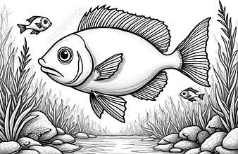 Illustration of a big fish swimming underwater with smaller fish and plants around. Coloring page features a cartoon aquatic life