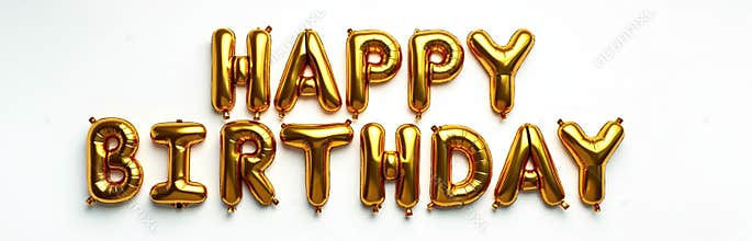 Gold foil balloon letters spell Happy Birthday text. Shiny metallic golden balloons create festive party decoration. Isolated on