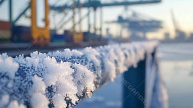 Frost-covered docking area at sunrise reveals frozen beauty and industrial activity in port setting