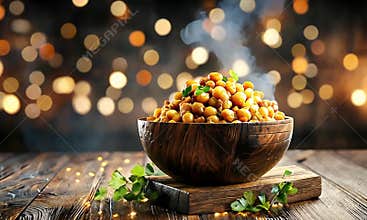 Warm Steaming Bowl of Golden Chickpeas with Fresh Parsley on Rustic Wood