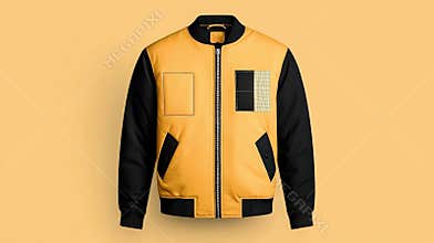 Stylish Yellow Bomber Jacket with Black Sleeves and Geometric Patterns on a Bright Background
