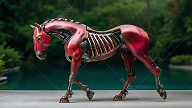 A red horse with a skeleton on it's back walking on a concrete surface