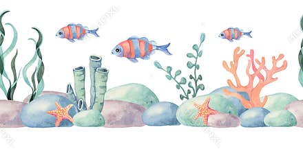 Blue and orange fishes swim above stones, seaweed and corals in this hand drawn watercolor clipart, seamless ocean border. Great