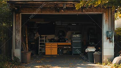 Open garage door revealing cluttered workshop in suburban home