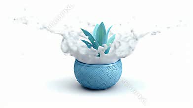 Aloe Vera in Blue Pot with Water Splash on White Background