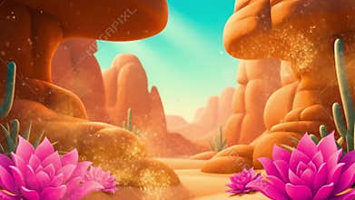 Animated Desert Landscape: Canyons, Cacti, and Blooming Pink Flowers