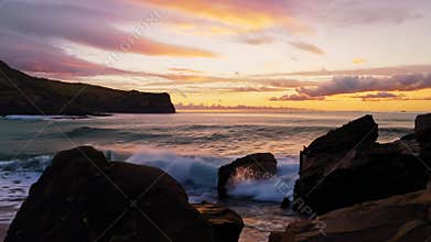 Waves Crash on Rocky Shore at Sunset in Reynisfjara, Iceland
