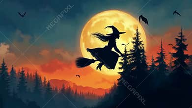 Spooky halloween night with witch silhouette flying on broom in front of giant full moon over dark mysterious forest