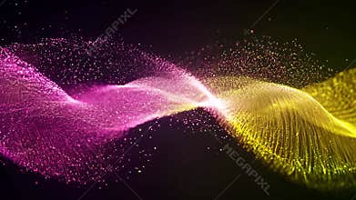 Particles Form Abstract Wave in Pink and Yellow With Dark Background
